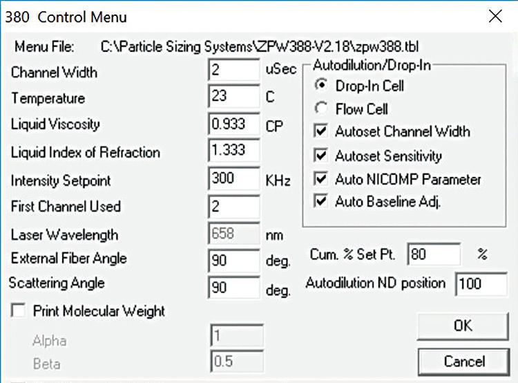 Nicomp size settings.
