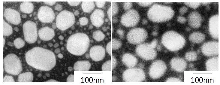 Gold on carbon images taken at 15 kV and analytical WD with 1 nA beam current (left) and 100 nA beam current (right).