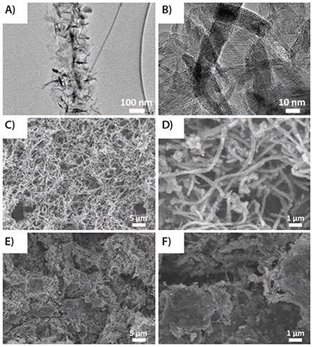 (A) and (B) TEM images of MnO2-GNRs (MG); (C) and (D) SEM images of MG; and (E) and (F) GMG.
