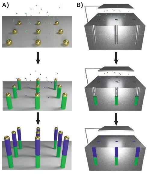 Bottom-up synthesis methods. A) Vapor-phase growth of segmented nanowires through the VLS process, with modulation of the gaseous precursor resulting in controlled compositional changes. B) Solution-phase growth of nanowires through electrochemical deposition into anodic aluminum oxide (AAO). A similar segmentation process is possible.