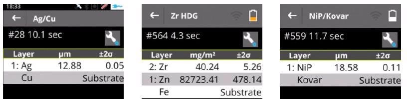 Examples of measurements obtained “out of the box” using Niton XL5 Plus Coatings Mode. a) Silver over Coppercopper. Lab value for Ag: 13 µm. b) Zirconium over galvanized steel. Lab value for Zr: 38 mg/m2. Expected Zn value: ca. 80 g/m2. c) Electroless Ni coating (NiP) over Kovar alloy. Certified thickness of NiP: 20 µm