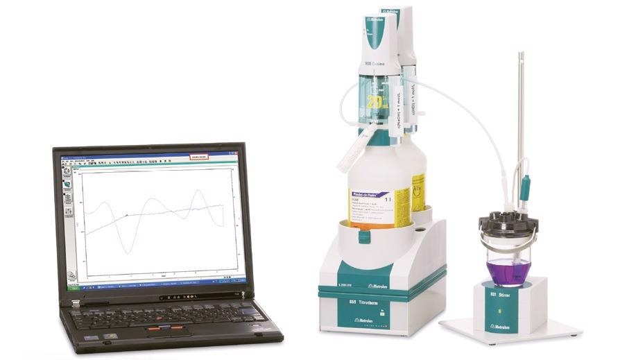 Thermometric titration system consisting of a Metrohm 859 Titrotherm equipped with a Thermoprobe for the indication and two 800 Dosinos for the titrant and addition of auxiliary solution. The system is controlled via the Metrohm tiamoTM software.
