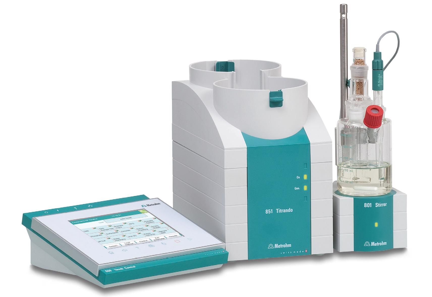 A coulometric Karl Fischer titration system suitable for ASTM D6304 Procedure A.