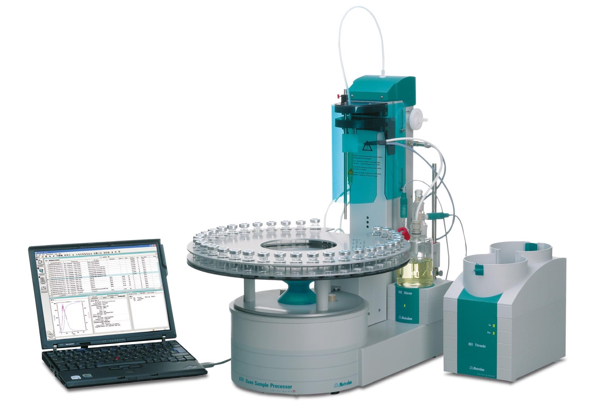 An oven evaporator with a coulometric Karl Fischer titration system suitable for ASTM D6304 Procedure B