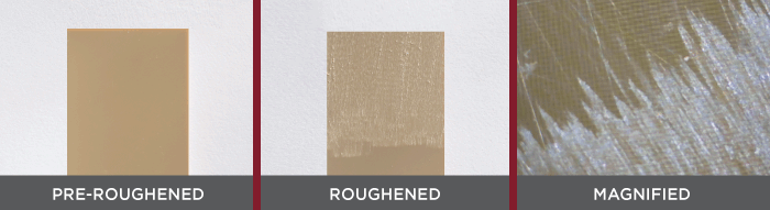 PEEK coupons before and after surface roughening with 60 grit sandpaper accompanied by a magnified image of the partially roughened surface.