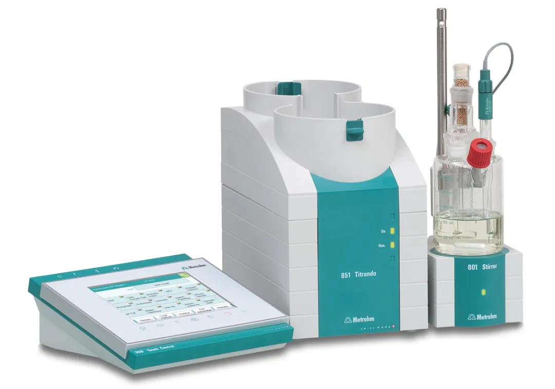 A coulometric Karl Fischer Titrator such as the 851 Titrando from Metrohm is the basis for all three procedures of ASTM D6304.