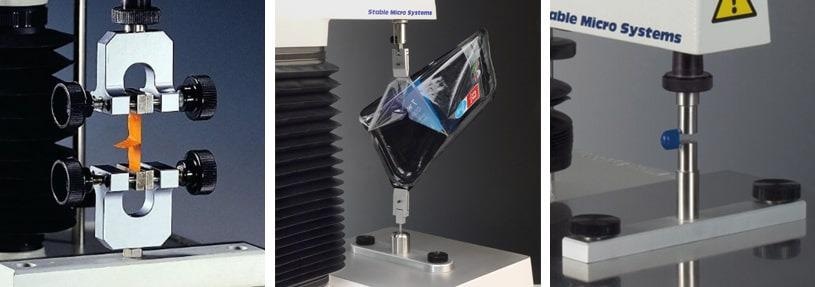 Left: Miniature Tensile Grips: Smaller jaw faces used where testing stroke is limited. Centre: Articulated Tensile Grips: Allows the gripping of thin materials whilst providing rotational flexibility. Right: Capsule/Loop Tensile Rig: Used to support capsule or small loop material for tensile testing