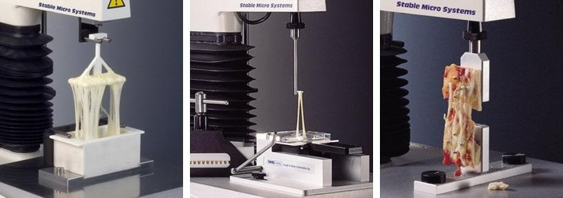 Left: Cheese Extensibility Rig: Allows the assessment of molten cheese by the utilisation of a vessel and fork system. Centre: Kieffer Dough & Gluten Extensibility Rig: A micro-extension solution for supporting soft materials via a spring-loaded clamping system. Right: Pizza Tensile Rig: Supports material with opposing diagonal spikes
