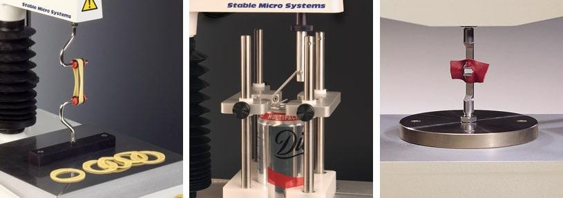 Left: Noodle/Pasta Loop Tensile Rig: Provides support for extensibility and tensile strength measurement of looped material. Centre: Ring Pull Rig: Allows two stage removal of ring pulls from food and beverage cans. Right: Slot Tear Rig: Measures the force to tear a slotted sample apart