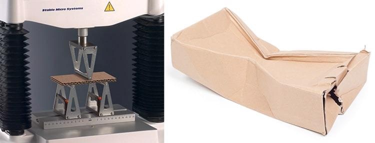 Three point bend testing for flexure analysis imitating a real life scenario.