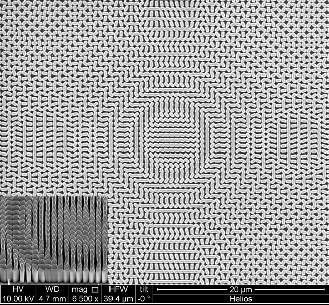 Rotation: the rotation of nanofin structures which creates a Pancharatnam–Berry phase for metalens applications. The metalens pattern is written by electron beam lithography on a GaN epilayer. The pattern has a minimum feature size of 200 nm and minimum distance of 100 nm. Later a layer of Ni metal is deposited as the etching mask by lift-off process. Finally, a ICP/RIE etching process is used to fabricate the high aspect ratio nanofins. A combination of physical etching using Ar as well as chemical etching using cl2 plasma improves the etching rate. The recipe is optimized to obtain maximum aspect ratio and perfect vertical side wall.