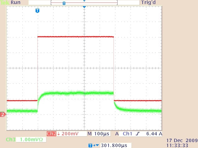 The quasi-cw laser output (lower trace) and drive current waveform (upper trace) for a 1.0-ms duration, 8.2 A current pulse superimposed on a 1.8 A continuous bias current at a 1000 Hz repetition rate.