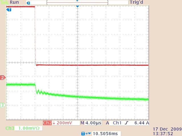 The quasi-cw laser output (lower trace) and drive current waveform (upper trace) showing the relaxation oscillation decay at the end of the laser pulse shown in Figure 6.