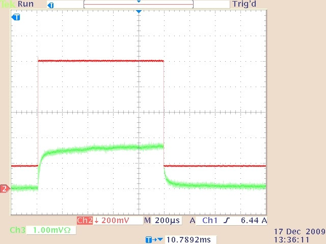 The quasi-cw laser output (lower trace) and drive current waveform (upper trace) for 0.5-ms duration. 8.2 A drive current pulse superimposed on a 1.8 A continuous bias current.