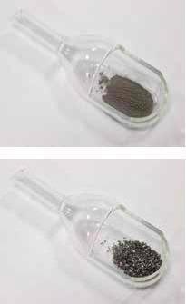 (above) Fine powder needs to be placed in a capsule before analysis in the ONH-p2. (below) Granulate / drilling (ironbased) can be analyzed without capsule.