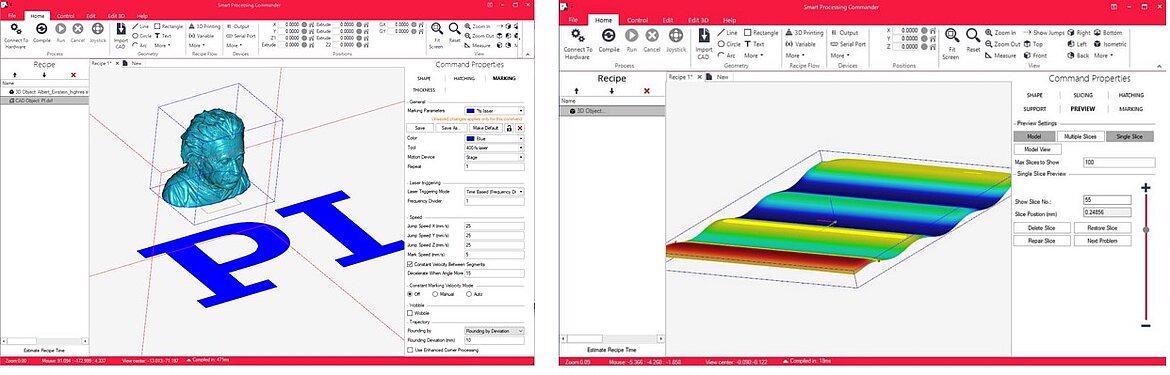 Here, the most complete commercial laser system software available is shown. The Smart Processing Commander (SPC) includes numerous PI Proprietary features developed in next-gen processes. This Laser System Interface supports integration of multiple galvo-models and manufacturers, machine vision, surface height sensors, autofocus as well as dispensers and extruders for additive manufacturing. Numerous flexible parameters settings allow advanced features to be accessed with simple button pushes. SPC is used in both commercial systems integration and at leading R&D facilities.