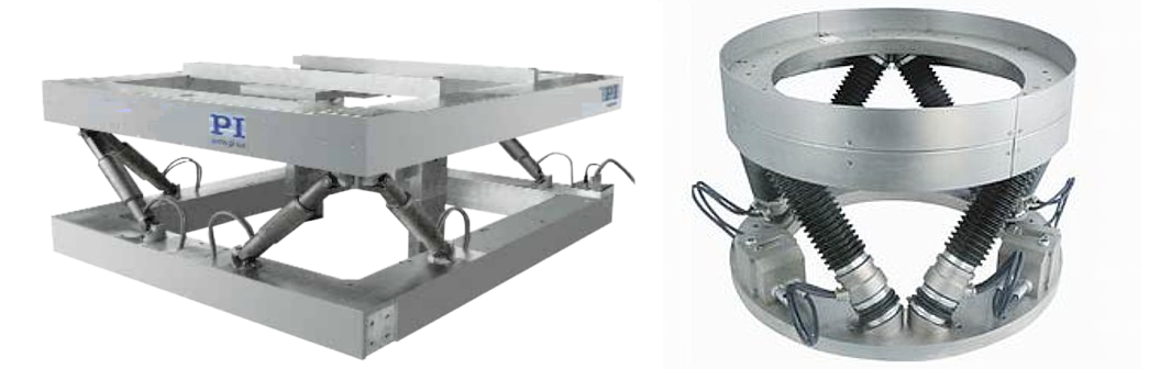 Examples of custom hexapods - rectangular hexapod design and circular hexapod design. For either case, 6 actuators, located between a bottom and top frame, control the three linear (X, Y, Z) and rotary positions (TX, TY, TZ) of the top platform precisely, based on input from the hexapod motion controller.