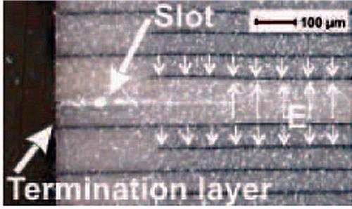 Patented piezo stack design with lateral slots to avoid uncontrolled expansion of micro cracks during dynamic operation.
