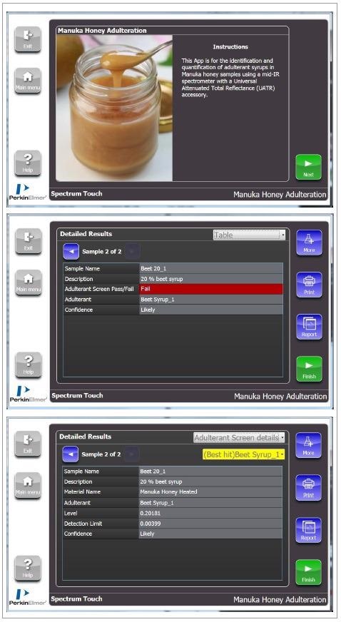Example of Spectrum Touch Workflow and Adulterant Screen results for Manuka honey adulteration.