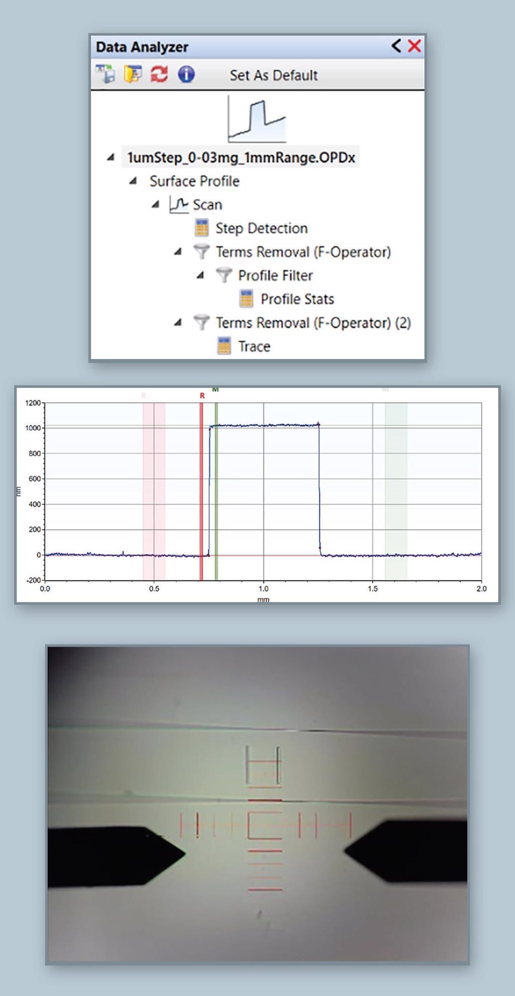 Advanced Analysis setup for automatic step height determination. Multi-tree based Vision64 analysis allows different simultaneous calculations to deliver the best metrology performance and flexibility for a wide range of applications.