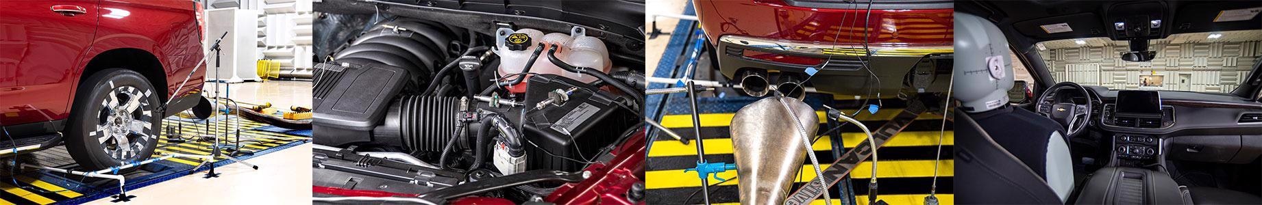Tire noise measurements, engine noise measurement, exhaust analysis, and interior noise analysis.