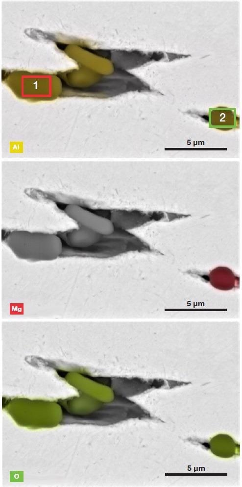 ChemiSEM images (showing Al, Mg, and O distribution, respectively) of the ROI in Figure 6 (Acc voltage 15 keV, beam current 0.22 nA, acquisition time 60 s).