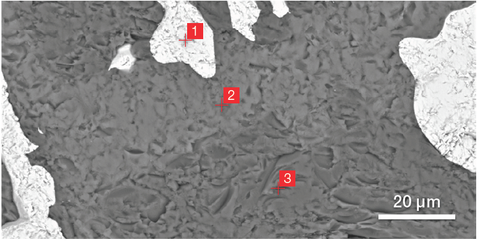 BSE image of ZM (top) and related ChemiSEM image (bottom) (acc voltage 15 keV, beam current 0.44 nA, acquisition time 60 s).