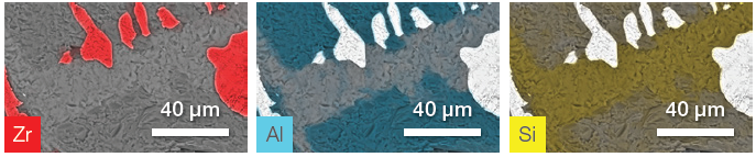ChemiSEM image showing the Zr, Al, and Si distribution. The other elements have been hidden for a clearer view of the element of interest.