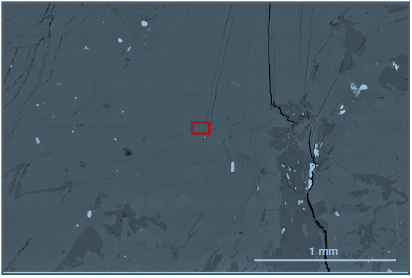 Large-scale overview of a 2.8 mm x 2 mm area (Acc. voltage 25 keV, beam current 15 nA). The red box shows the size of a typical SEM FOV with a magnification of approximately 1,000x.