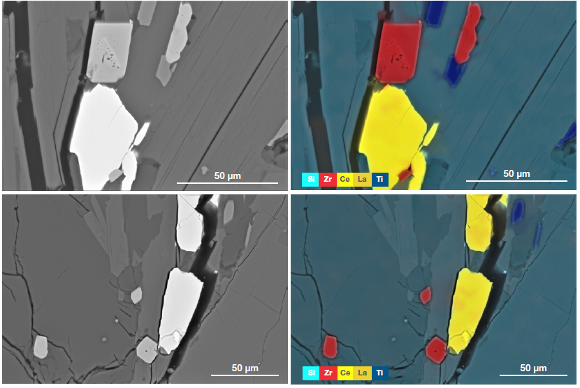 Left images show the BSE image and right images show the ChemiSEM image with the elements of interest ON. Elements signal from the background have been unselected (Acc. voltage 25 keV, beam current 0.26 nA).