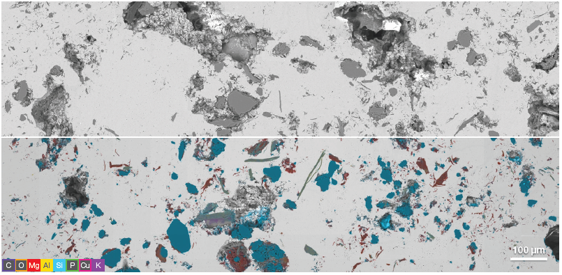 Large-scale overview of the sample without (top) and with (bottom) the elemental information. These montages have been acquired starting from a magnification of 1500x. 15x15 tiles have been automatically collected.