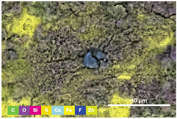 ChemiSEM image showing the involved elements (all activated and shown in this view) and their distribution. (Acc voltage 15 keV, beam current 0.85 nA, acquisition time 60 s).