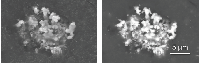 Secondary electrons and backscattered electrons image of a Zn oxide particles cluster. Acc voltage 20 keV, beam current 0.48 nA, acquisition time 40 s.