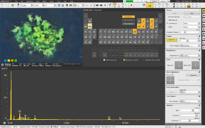 Axia ChemiSEM user interface with integrated live quantitative elemental mapping. It shows the quantitative elemental image during its acquisition, the spectrum of the area acquired, and the periodic table to select/unselect elements of interest.