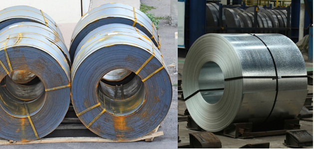 Hot-rolled coils or “black bands” in the left image show black oxide scale formed during reheating and red rust which formed at ambient temperature. The right image shows a hot-rolled steel coil after pickling.