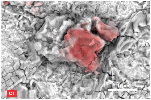 ChemiSEM image of the Cl distribution (Acc voltage 15 keV, beam current 0.44 nA, acquisition time 60 s).