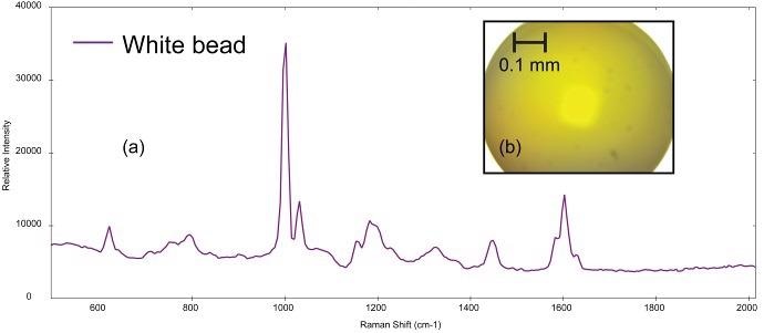(a)Raman spectrum of polystyrene collected from (b) polystyrene bead (image not true color)