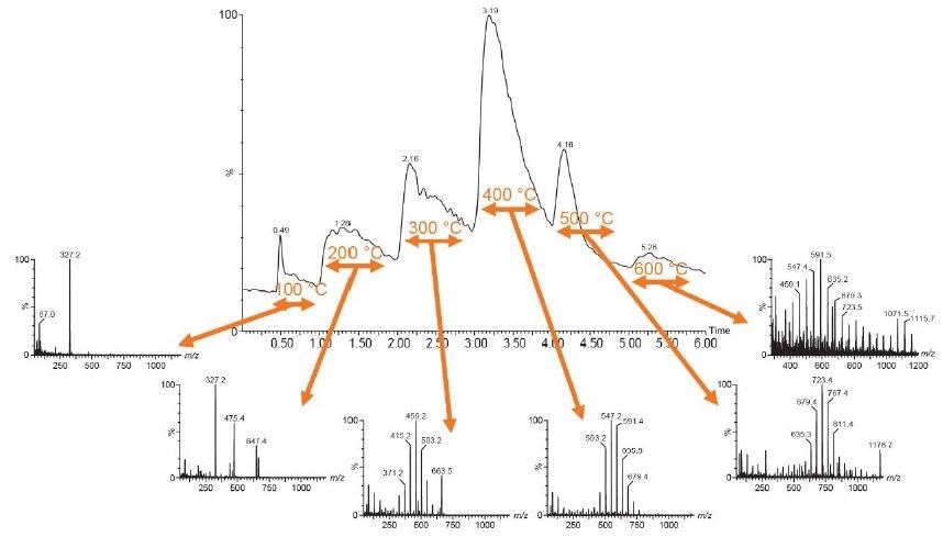 TIC from analysis of the polymer formulation showing spectra evolved at different temperatures along the temperature ramp experiment.
