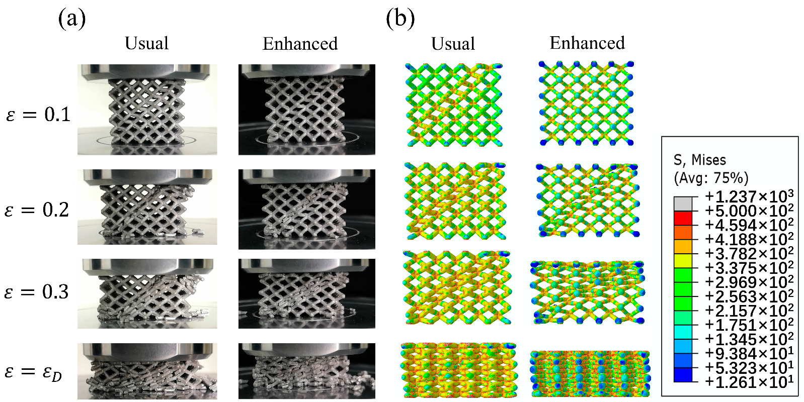 Deformation process of usual lattice structure D1 and EP sample D4 (a) and corresponded Mises stress distribution (b).