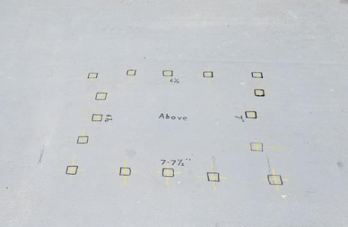 Top image: Echo GPR scanned the area and identified 16 pieces of rebar reinforcement. Bottom image: Successful drill locations as identified in GPR scan.