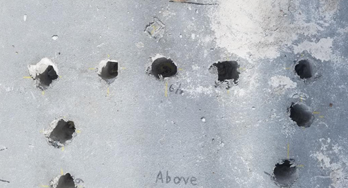 Top image: Echo GPR scanned the area and identified 16 pieces of rebar reinforcement. Bottom image: Successful drill locations as identified in GPR scan.