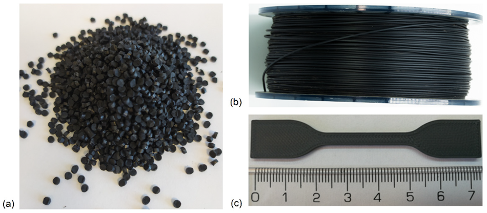 Pellets of a masterbatch containing 10 wt% rGO (a); HIPS filament with 0.5 wt% rGO content (b); tensile bar HIPS-0.5 (c).