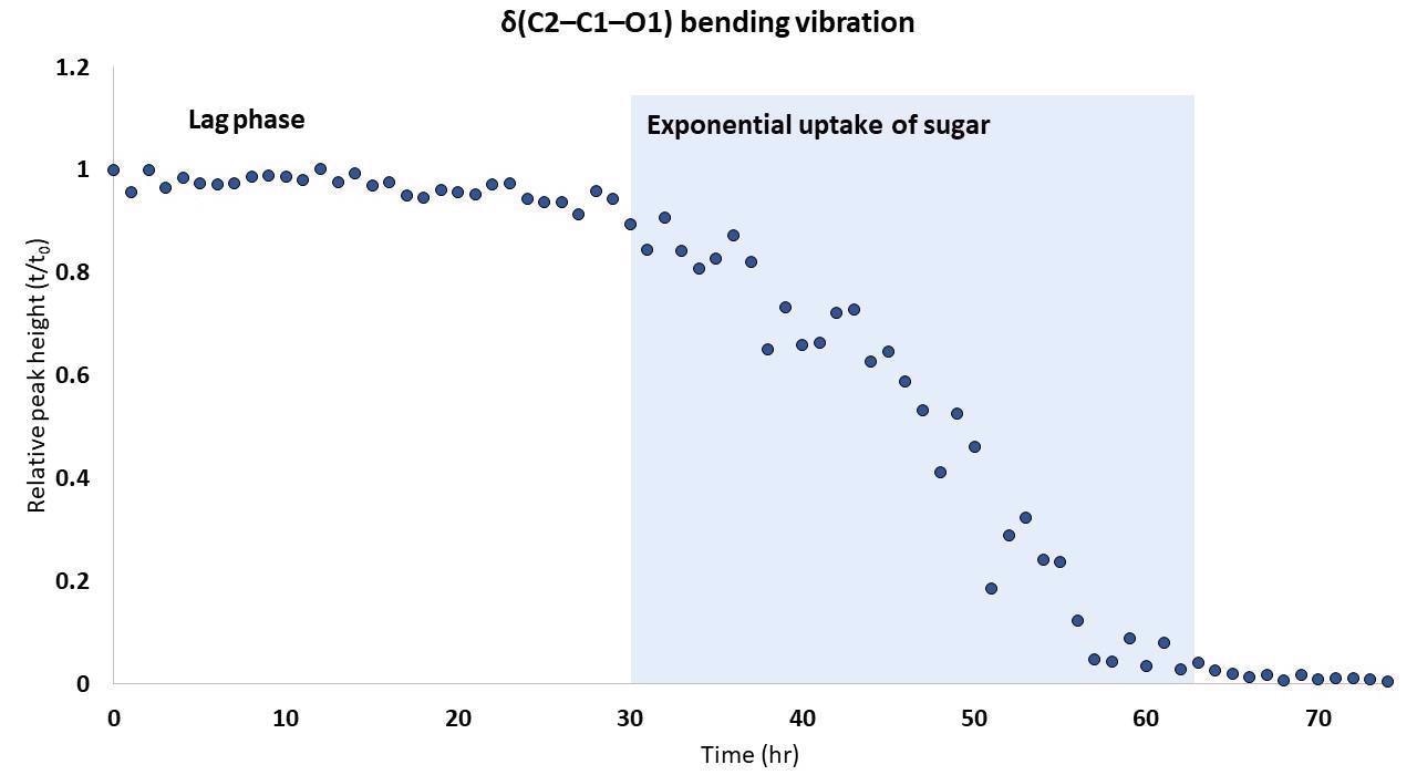 Relative Raman peak height of d(C2–C1–O1) bending vibration (415 cm-1) of Kombucha broth7 (a), and math-treated Raman spectra of the exponential sugar uptake phase (growth phase)