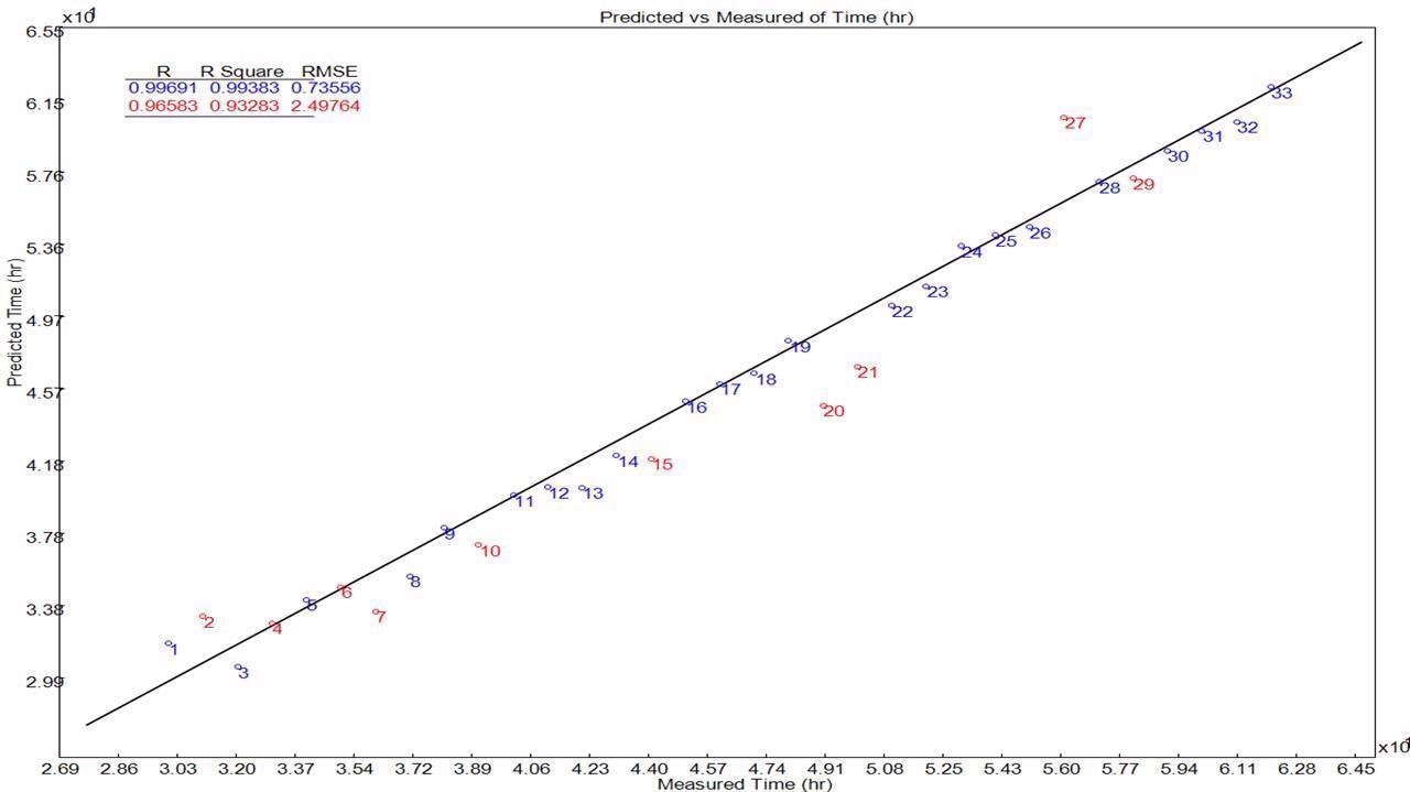 Calibration model and validation data of glucose concentration at measured and predicted fermentation time