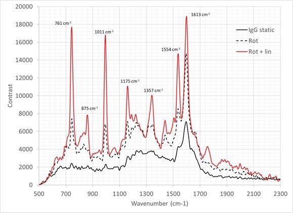 Raman spectra of IgG (30 second integration time, average of 10 frames). Solid black line = IgG is measured in static configuration; Dotted black line IgG measured with sample rotating during the observation; Red line IgG measured with a complex motion applied using a rotation and linear stage.