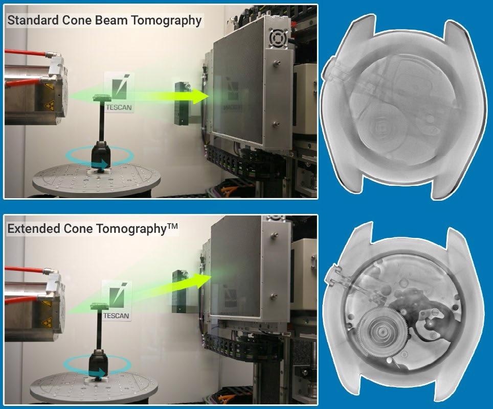 Reconstruction of a stainless steel watch using standard cone beam tomography vs tomography with a tilted optical axis (TESCAN Extended Cone TomographyTM)