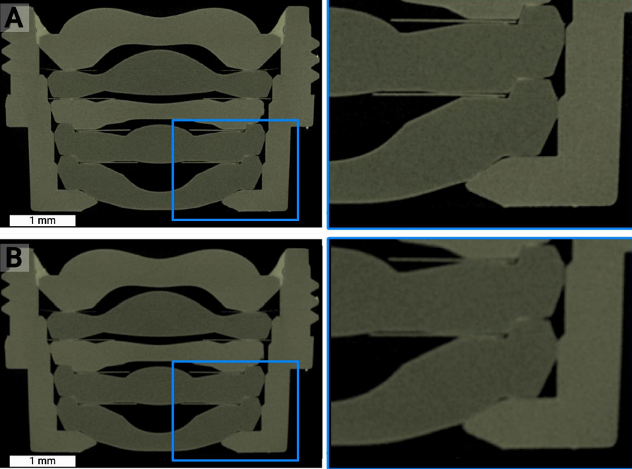 Figure 1. High-quality scans of a phone lens assembly scanned on a TESCAN UniTOM HR system in just 26 (A) or even 7 (B) minutes using 1300 (A) and 1000 (B) projections. Image Credit: TESCAN USA Inc.