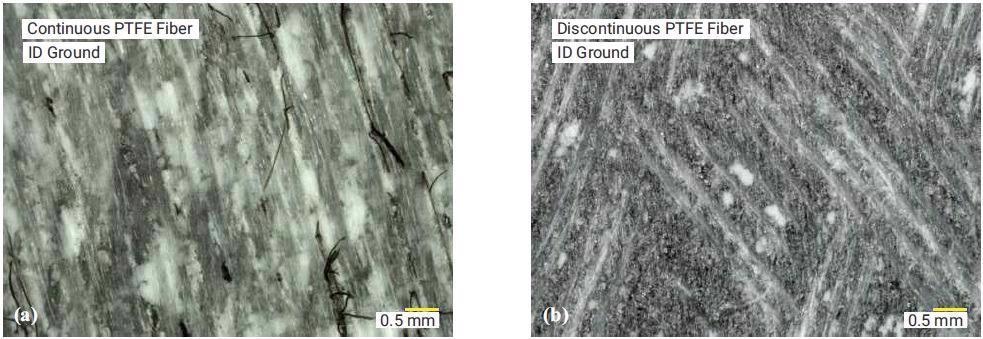 Surface image of the continuous PTFE fiber bearing using the baseline (ID grinding) process method for secondary machining (left, (a)). Image on the right (b) shows the discontinuous PTFE fiber bearing surface machined by the same ID grinding process.