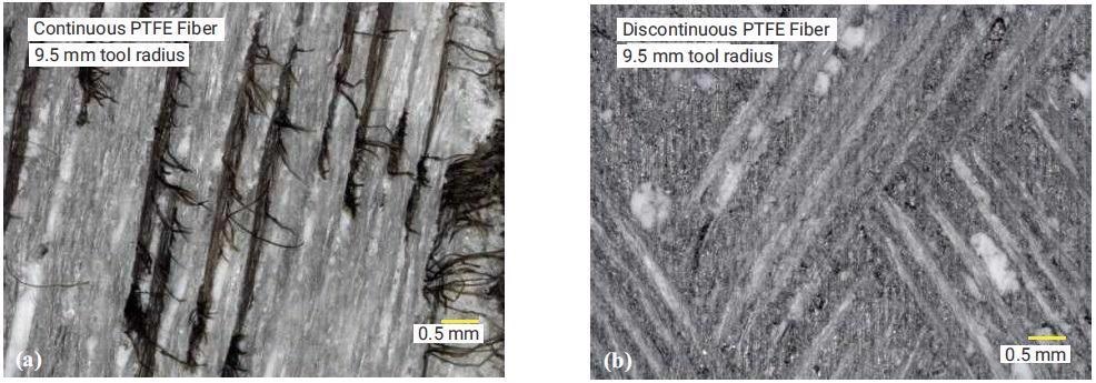 Surface conditions of the two materials following single point machining using a 9.5 mm radius tool. Image (a) shows the continuous PTFE fiber bearing and (b) the discreet PTFE fiber bearing material.
