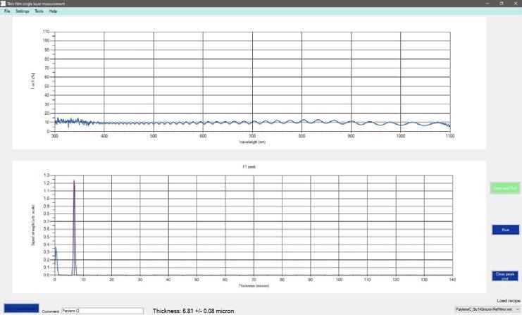 Reflectance spectra of a 7-micron parylene C coating, along with the calculated thickness determined using an FFT-based algorithm.